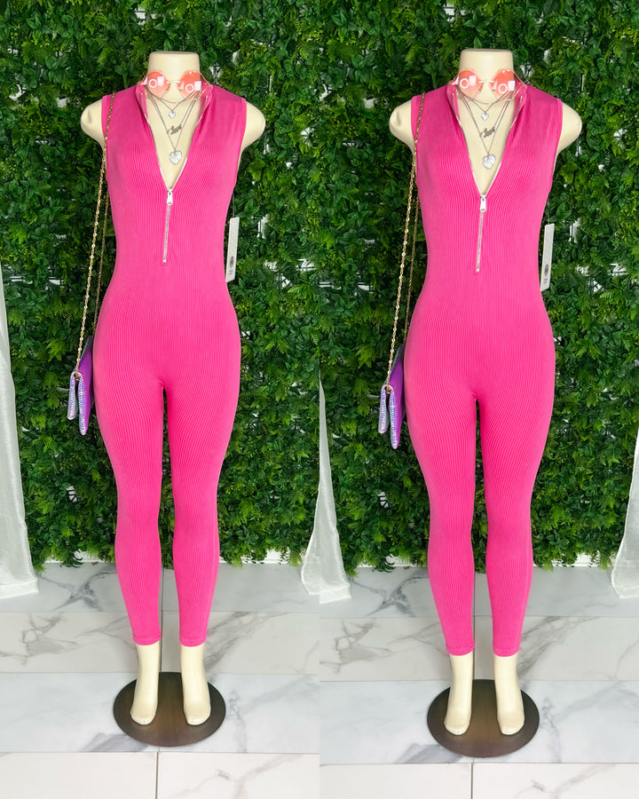 Kimmy Mineral Washed Ribbed Jumpsuit(Pink)