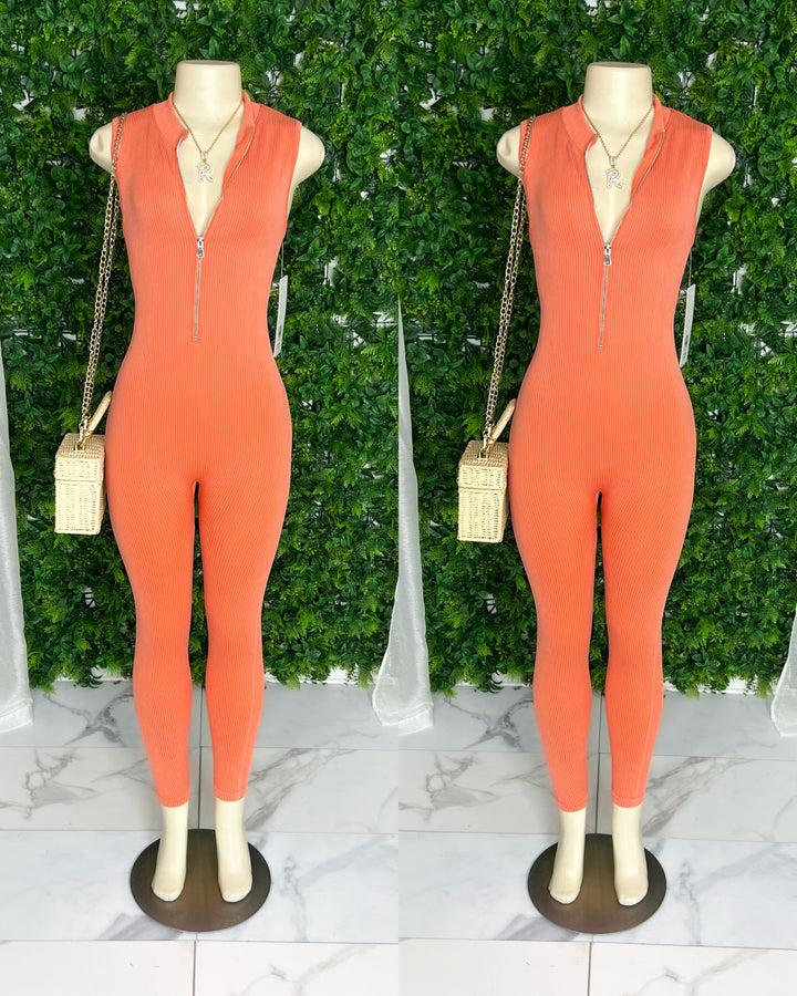 Kimmy Mineral Washed Ribbed Jumpsuit(Orange)