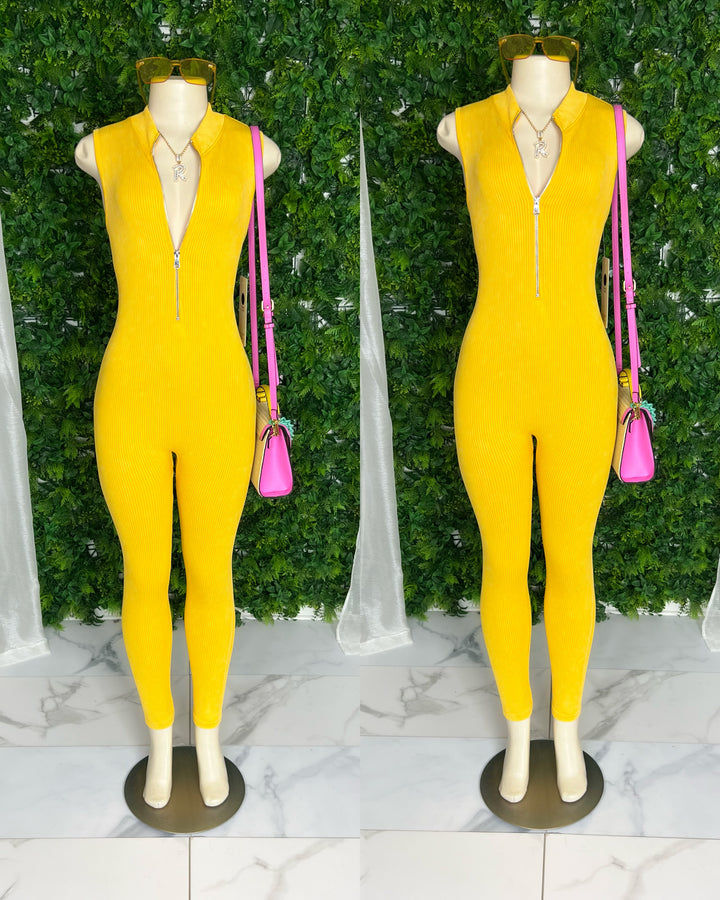 Kimmy Mineral Washed Ribbed Jumpsuit(Yellow)